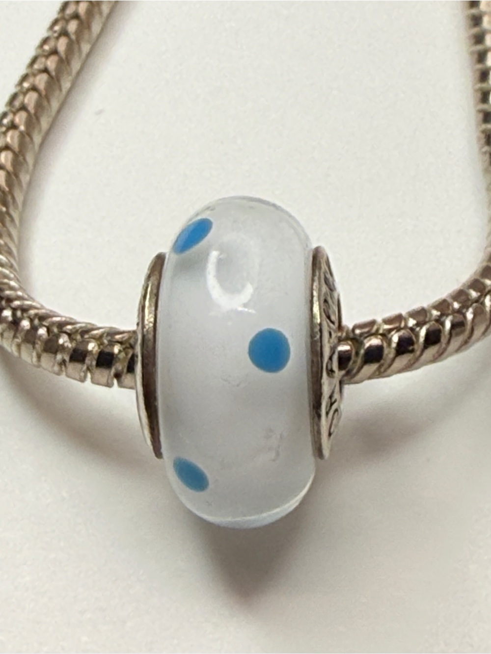 Pandora White & Teal Polka Dot Murano Glass Charm 790608 Retired ALE